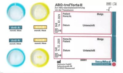 Karty przyłóżkowe AB0 do oznaczania grup krwi przed transfuzją
